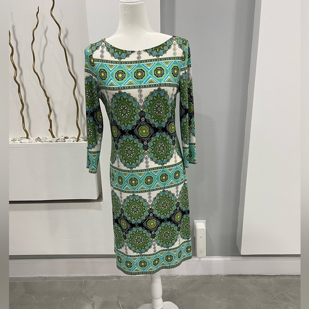 London Times Green and Blue Patterned Long Sleeve Dress